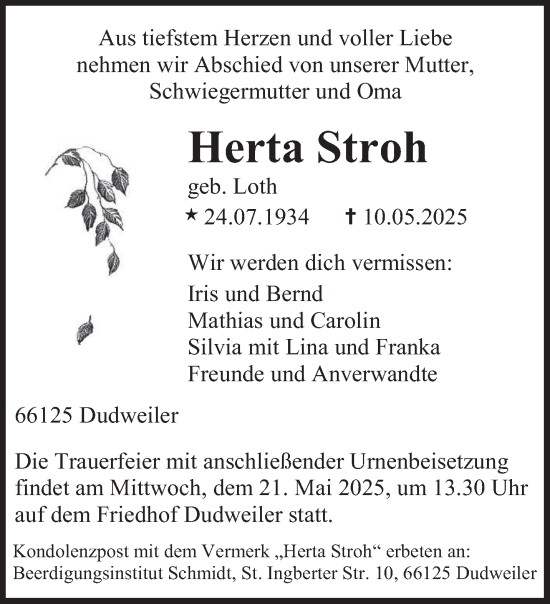 Todesanzeige von Herta Stroh von saarbruecker_zeitung