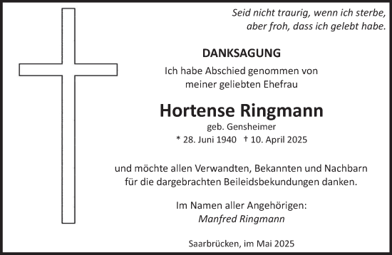 Todesanzeige von Hortense Ringmann von saarbruecker_zeitung