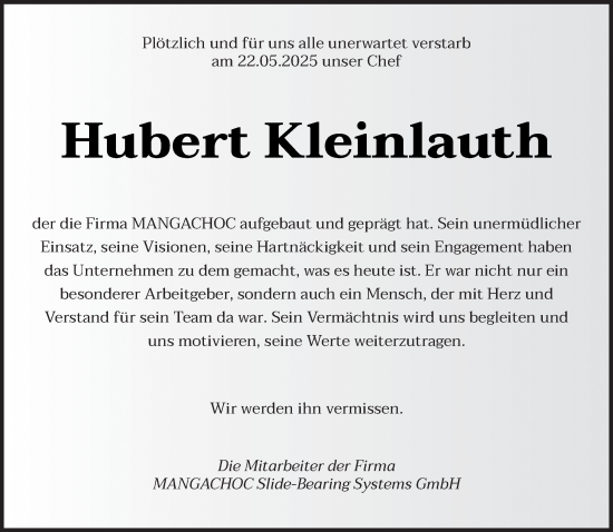 Todesanzeige von Hubert Kleinlauth von saarbruecker_zeitung