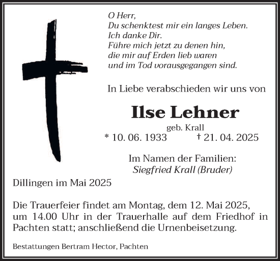 Todesanzeige von Ilse Lehner von saarbruecker_zeitung