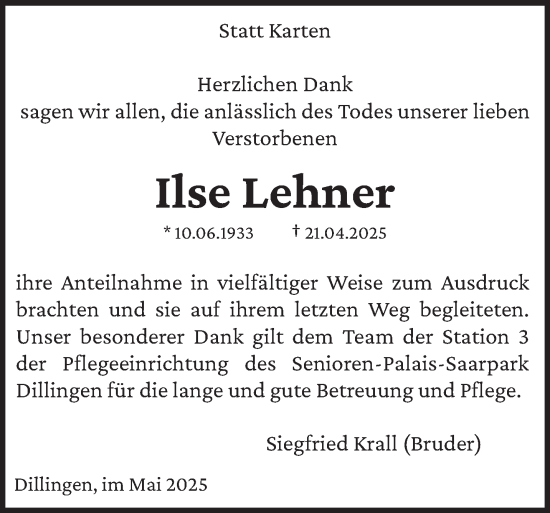 Todesanzeige von Ilse Lehner von saarbruecker_zeitung