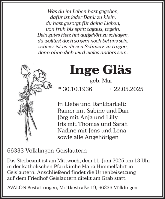 Todesanzeige von Inge Gläs von saarbruecker_zeitung