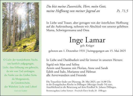 Todesanzeige von Inge Lamar von saarbruecker_zeitung