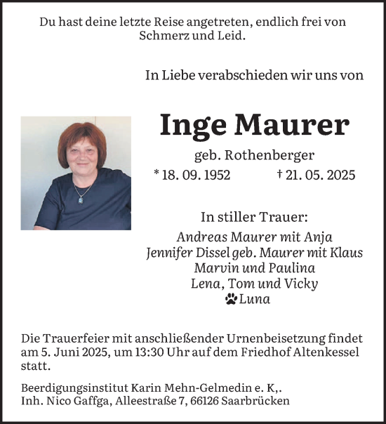 Todesanzeige von Inge Maurer von saarbruecker_zeitung