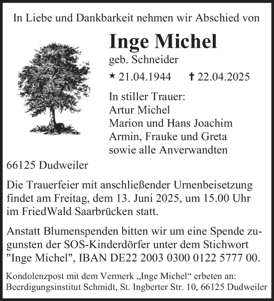 Todesanzeige von Inge Michel von saarbruecker_zeitung
