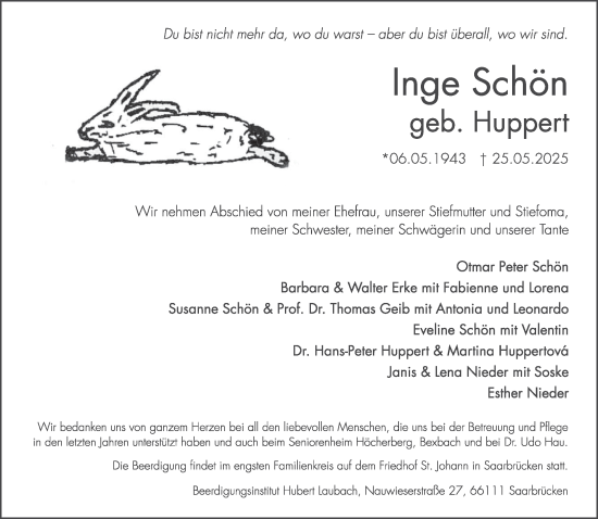 Todesanzeige von Inge Schön von saarbruecker_zeitung