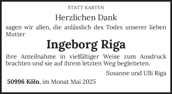 Todesanzeige von Ingeborg Riga von saarbruecker_zeitung
