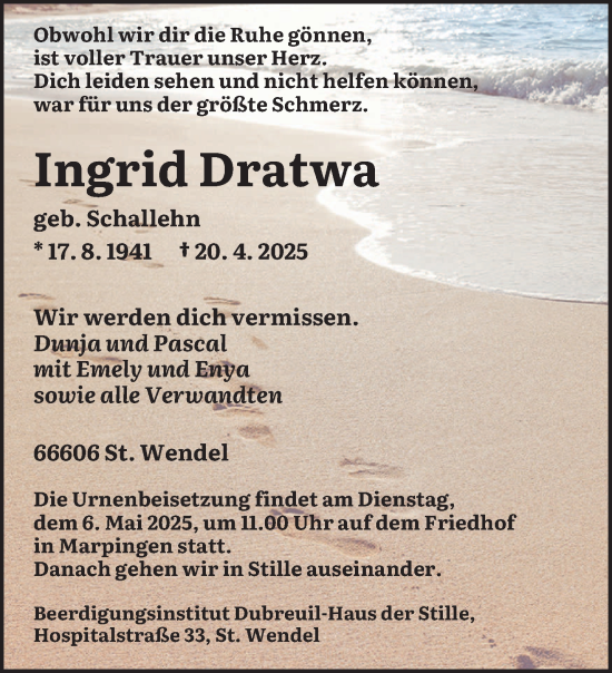 Todesanzeige von Ingrid Dratwa von saarbruecker_zeitung