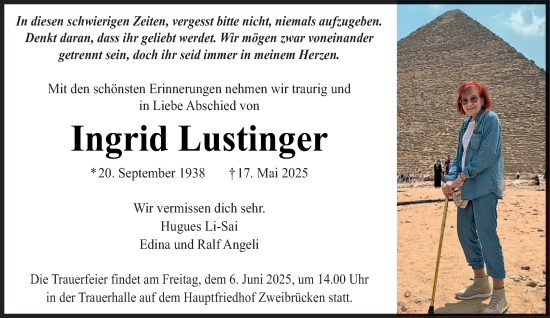 Todesanzeige von Ingrid Lustinger von saarbruecker_zeitung