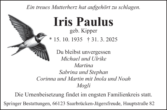 Todesanzeige von Iris Paulus von saarbruecker_zeitung