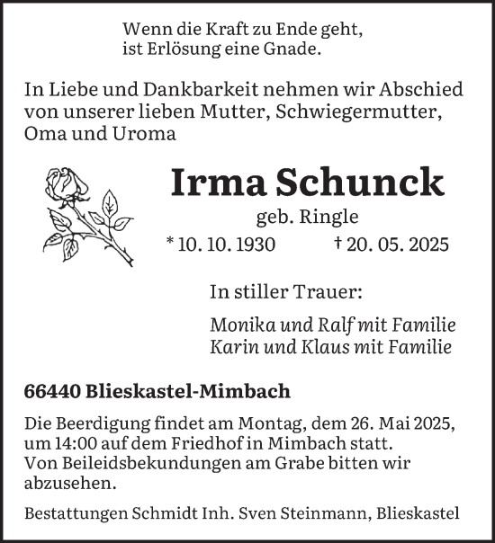 Todesanzeige von Irma Schunck von saarbruecker_zeitung