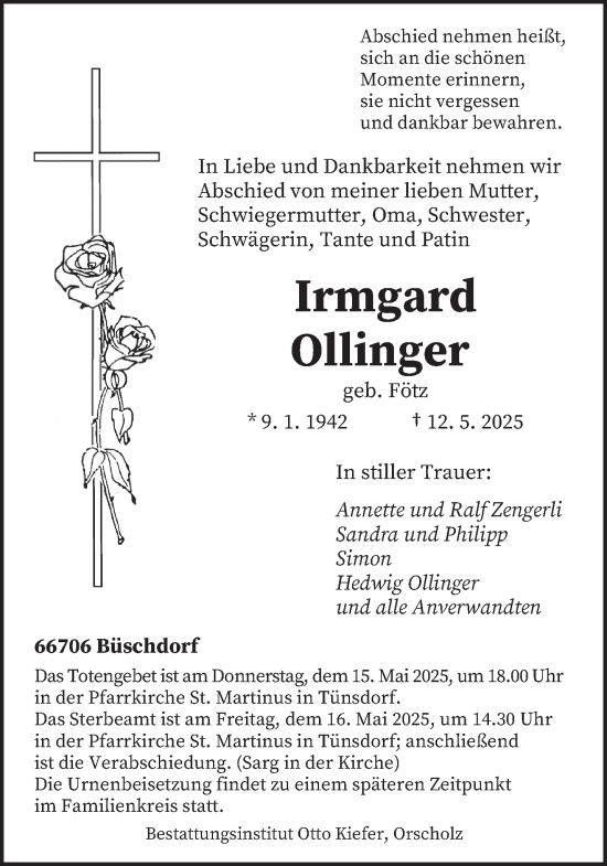 Todesanzeige von Irmgard Ollinger von saarbruecker_zeitung