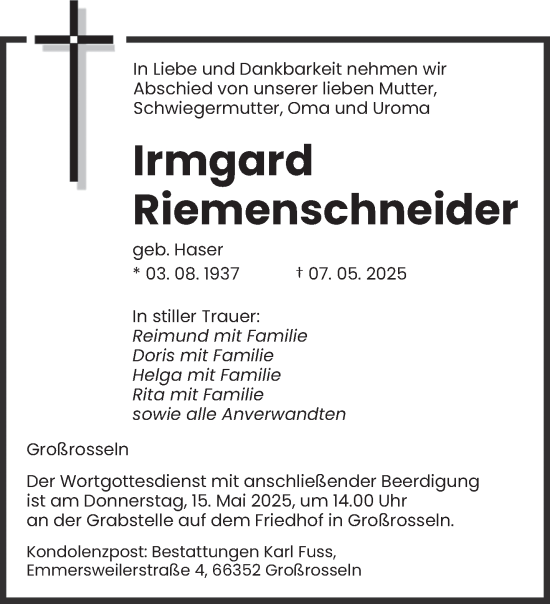 Todesanzeige von Irmgard Riemenschneider von saarbruecker_zeitung