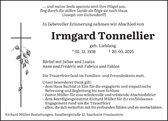 Todesanzeige von Irmgard Tonnellier von saarbruecker_zeitung