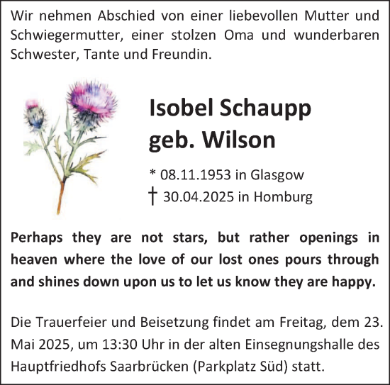 Todesanzeige von Isobel Schaupp von saarbruecker_zeitung