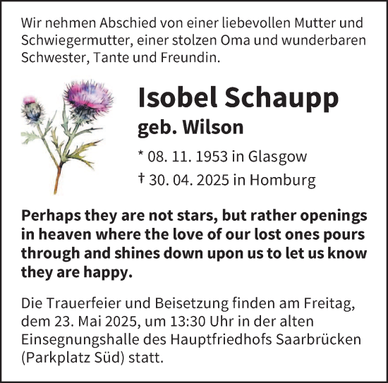 Todesanzeige von Isobel Schaupp von saarbruecker_zeitung