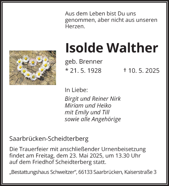 Todesanzeige von Isolde Walther von saarbruecker_zeitung