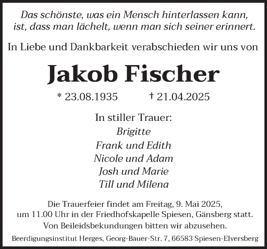 Todesanzeige von Jakob Fischer von saarbruecker_zeitung