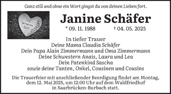 Todesanzeige von Janine Schäfer von saarbruecker_zeitung