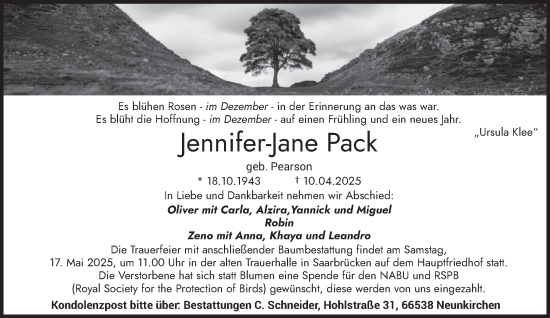 Todesanzeige von Jennifer-Jane Pack von saarbruecker_zeitung