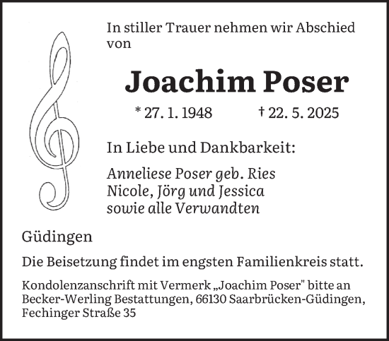Todesanzeige von Joachim Poser von saarbruecker_zeitung