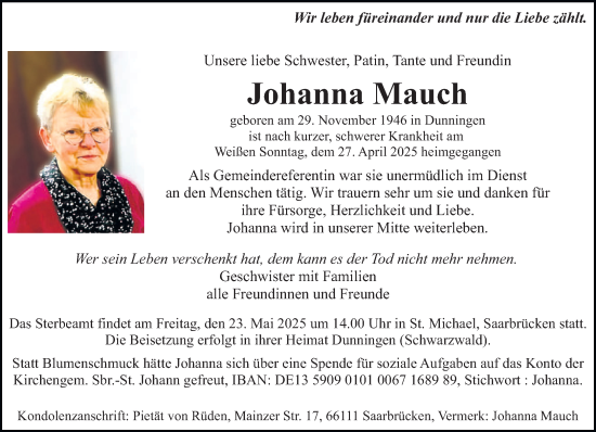 Todesanzeige von Johanna Mauch von saarbruecker_zeitung