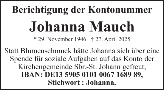 Todesanzeige von Johanna Mauch von saarbruecker_zeitung