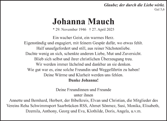 Todesanzeige von Johanna Mauch von saarbruecker_zeitung