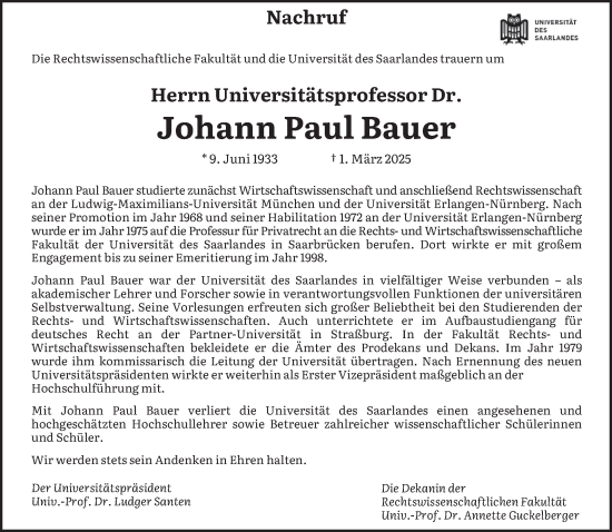 Todesanzeige von Johann Paul Bauer von saarbruecker_zeitung