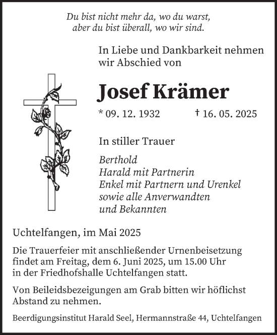 Todesanzeige von Josef Krämer von saarbruecker_zeitung