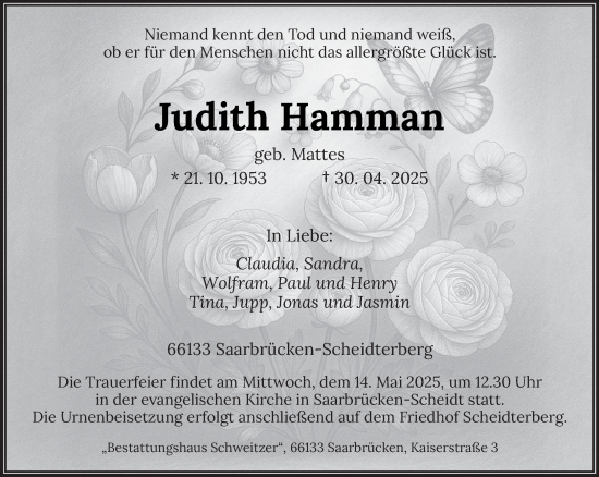 Todesanzeige von Judith Hamman von saarbruecker_zeitung