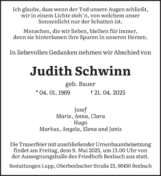 Todesanzeige von Judith Schwinn von saarbruecker_zeitung
