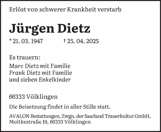 Todesanzeige von Jürgen Dietz von saarbruecker_zeitung