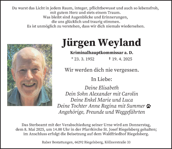 Todesanzeige von Jürgen Weyland von saarbruecker_zeitung