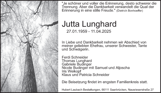 Todesanzeige von Jutta Lunghard von saarbruecker_zeitung