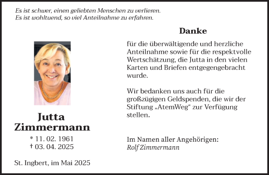 Todesanzeige von Jutta Zimmermann von saarbruecker_zeitung