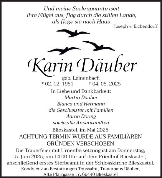 Todesanzeige von Karin Däuber von saarbruecker_zeitung