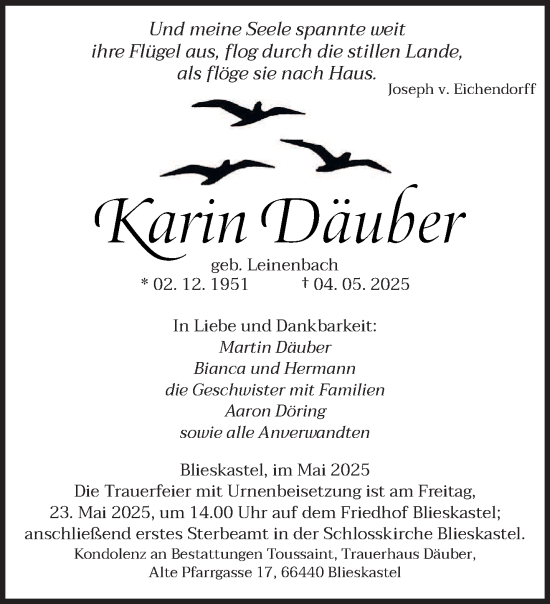 Todesanzeige von Karin Däuber von saarbruecker_zeitung