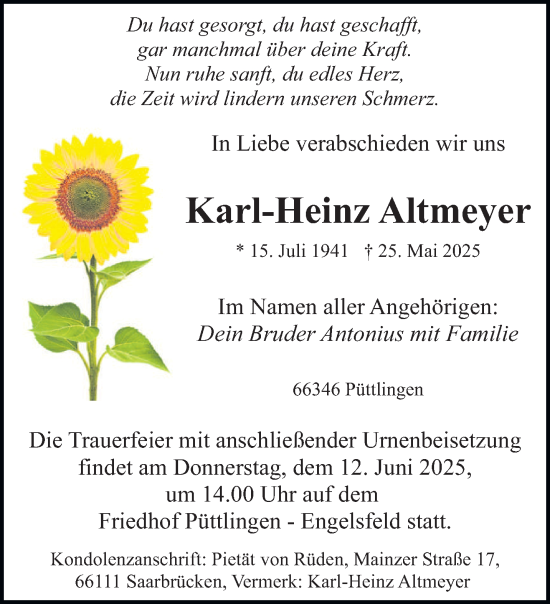 Todesanzeige von Karl-Heinz Altmeyer von saarbruecker_zeitung