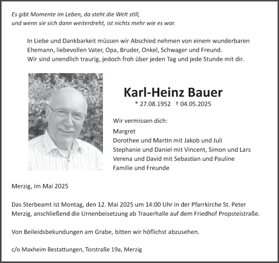 Todesanzeige von Karl-Heinz Bauer von saarbruecker_zeitung