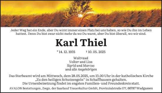 Todesanzeige von Karl Thiel von saarbruecker_zeitung