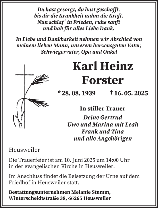 Todesanzeige von Karl Heinz Forster von saarbruecker_zeitung