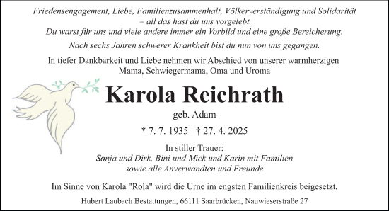 Todesanzeige von Karola Reichrath von saarbruecker_zeitung