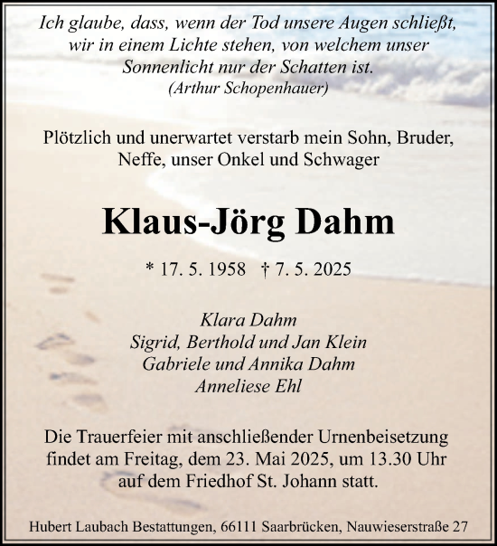 Todesanzeige von Klaus-Jörg Dahm von saarbruecker_zeitung