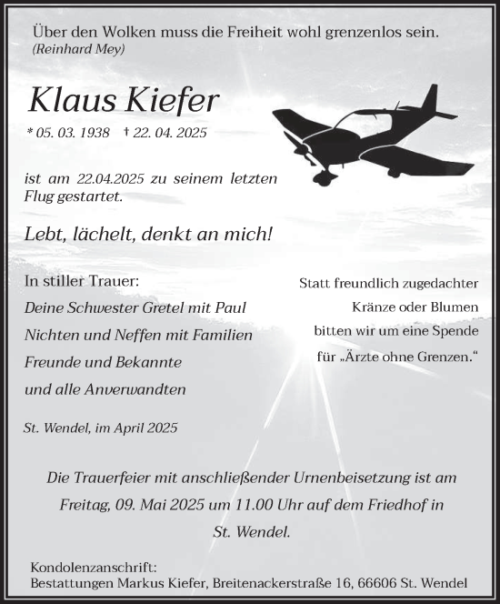 Todesanzeige von Klaus Kiefer von saarbruecker_zeitung