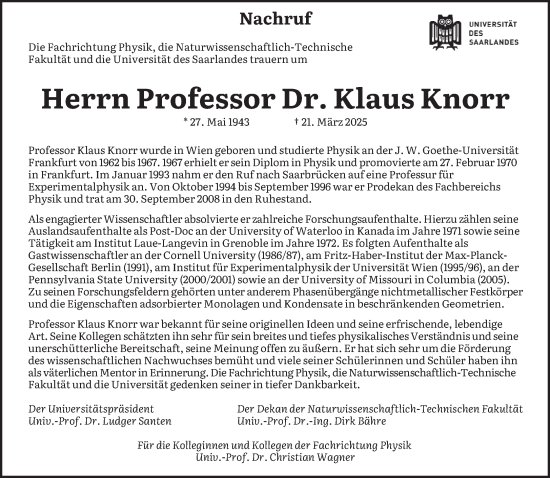 Todesanzeige von Klaus Knorr von saarbruecker_zeitung