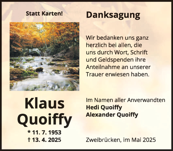 Todesanzeige von Klaus Quoiffy von saarbruecker_zeitung