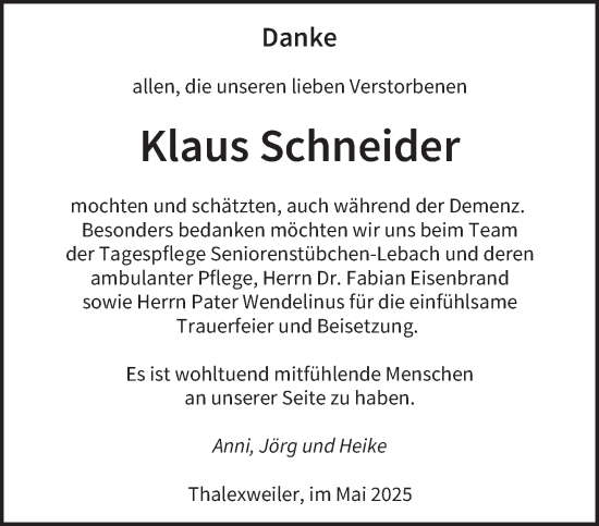 Todesanzeige von Klaus Schneider von saarbruecker_zeitung