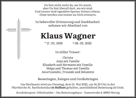 Todesanzeige von Klaus Wagner von saarbruecker_zeitung