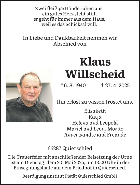 Todesanzeige von Klaus Willscheid von saarbruecker_zeitung